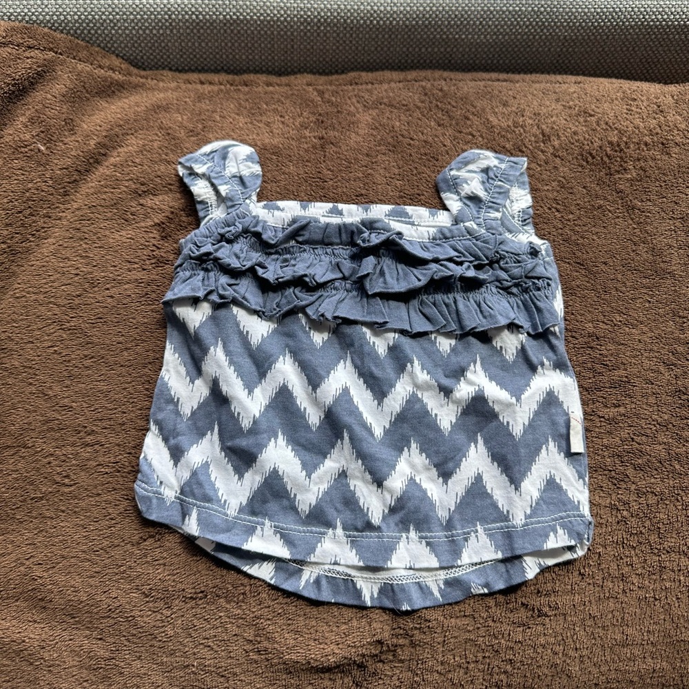 6/20$ Burt's Bees Blue and White Chevron Ruffle Baby Blouse size 0-3 months